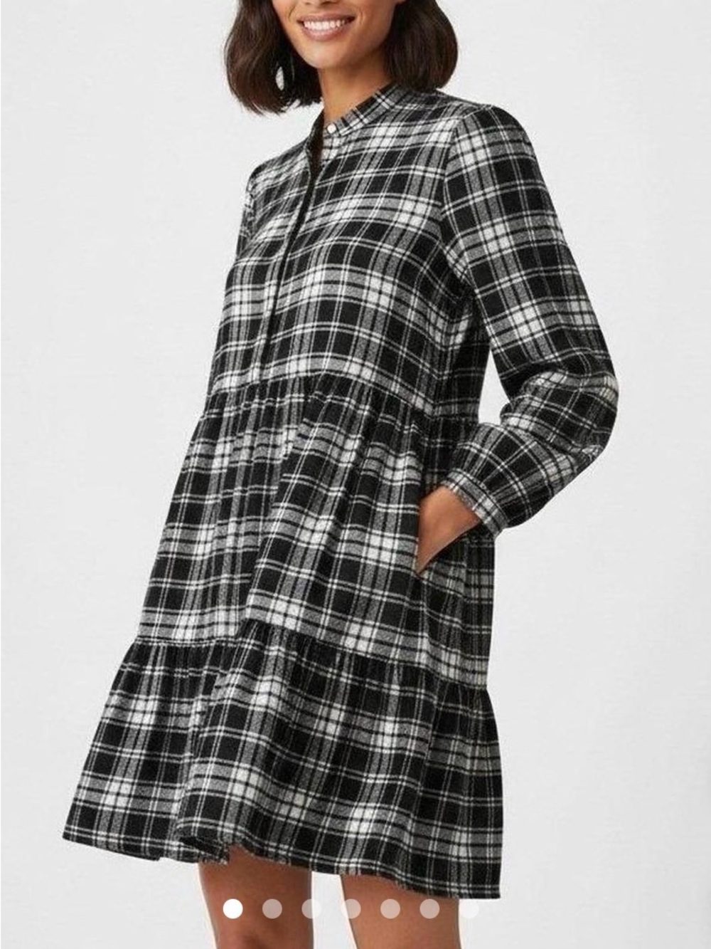 GAP Black & White Plaid Tiered Long-Sleeve Dress